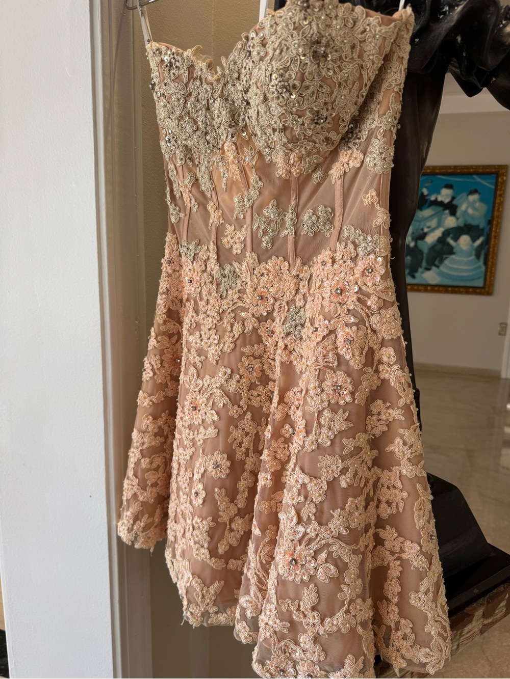 Sherri Hill Blush Pink Beaded Lace Mini Dress